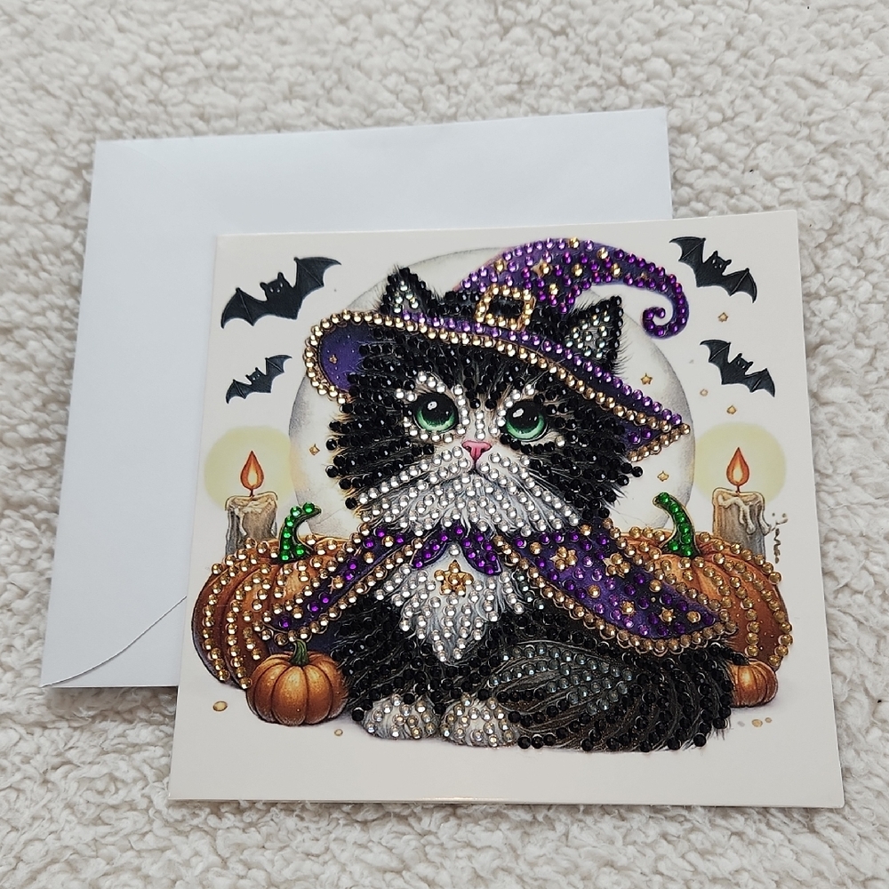 Halloween Cat Greeting Card Black and Purple Design Diamond Painting Art